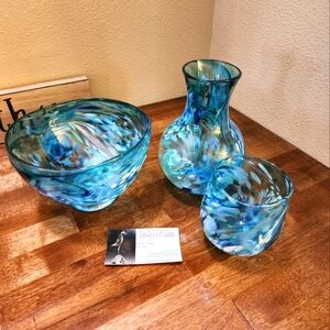 Art glass basin and pitcher with drinking glass